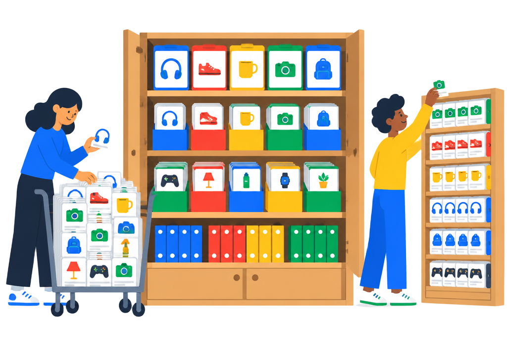 Cartoon characters sorting product cards into organized shelves