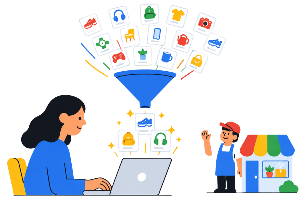 Cartoon person at a laptop with products flowing through a funnel